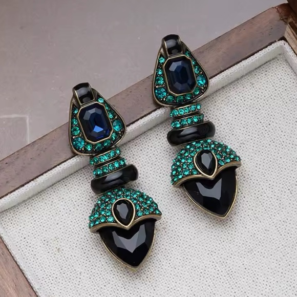 Glam, Goth, Steampunk, Victorian, Blue & Black Vintage Inspired Earrings - Picture 1 of 6